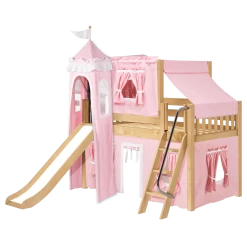 Maxtrix Twin Low Loft Bed With Angled Ladder, Curtain, Top Tent, Tower + Slide -Kid Furniture WOW23NSLEFT