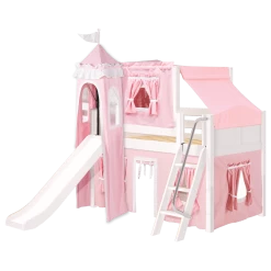 Maxtrix Twin Low Loft Bed With Angled Ladder, Curtain, Top Tent, Tower + Slide -Kid Furniture WOW23WCLEFT
