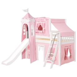 Maxtrix Twin Low Loft Bed With Angled Ladder, Curtain, Top Tent, Tower + Slide -Kid Furniture WOW23WSLEFT