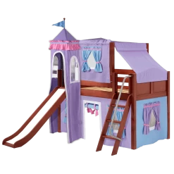 Maxtrix Twin Low Loft Bed With Angled Ladder, Curtain, Top Tent, Tower + Slide -Kid Furniture WOW27 CC